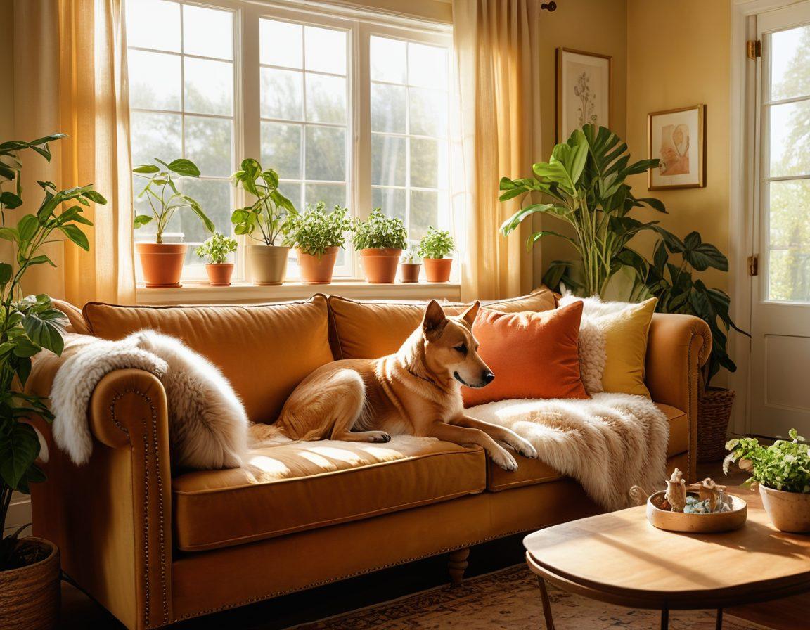 A cozy living room scene featuring a family with various pets, highlighting love and care. A parent gently cuddling a child on the couch while a dog lays at their feet and a cat playfully engages with a plant. Soft sunlight filters through a window, creating a warm atmosphere, and a backdrop of pet care items subtly positioned around the room. The image evokes feelings of warmth, family, and companionship. super-realistic. vibrant colors. warm lighting.
