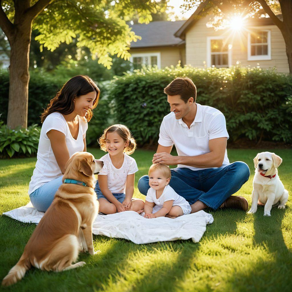 A warm, cozy family scene showing parents with children and a playful puppy in a grassy backyard, surrounded by a protective aura symbolizing safety and care. Soft sunlight filters through trees, emphasizing happiness and togetherness. Include visual elements like affordable insurance papers and a heart in the background to symbolize protection. super-realistic. vibrant colors. warm lighting.