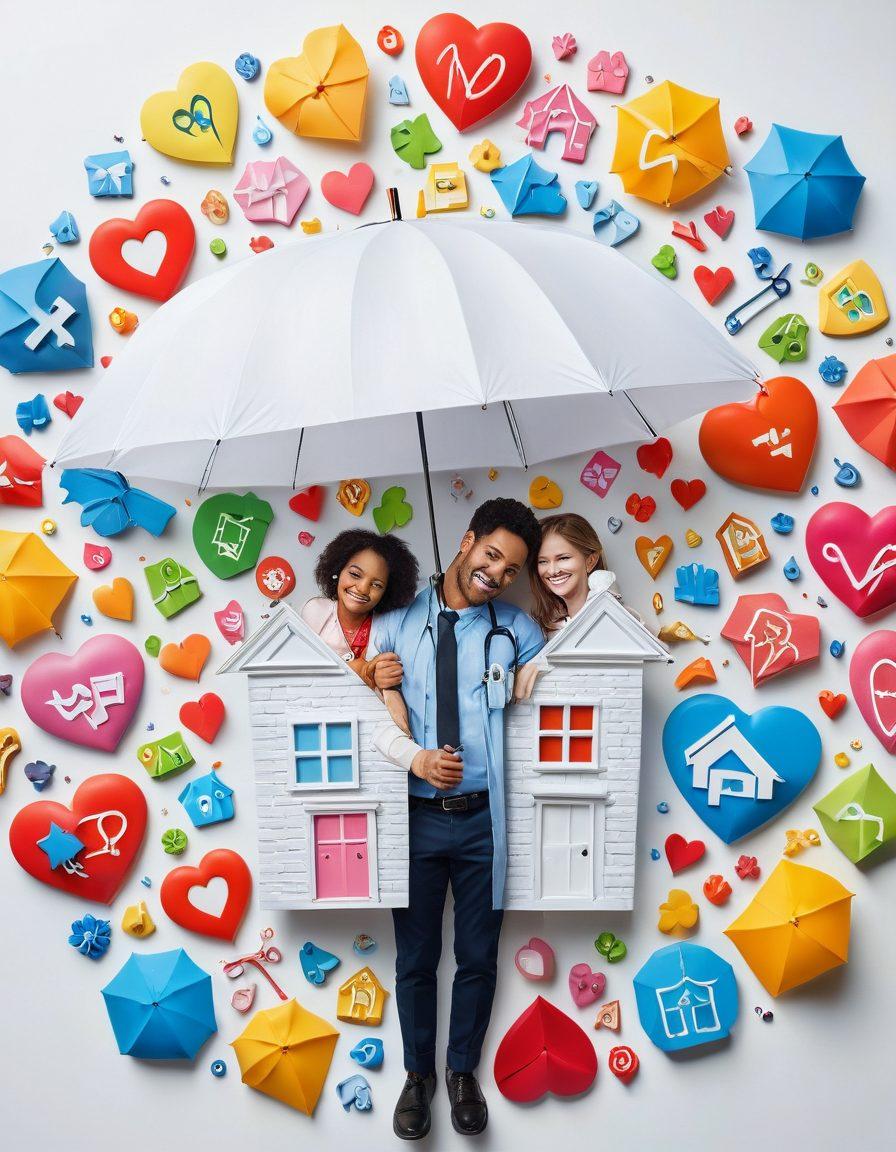A heart formed by various insurance symbols like home, health, and car inside a safety umbrella, surrounded by thoughtful caring hands. Soft pastel colors evoke warmth and trust. A family unity theme is highlighted with diverse individuals smiling together. Clearly show connection and security in their expressions. super-realistic. vibrant colors. white background.